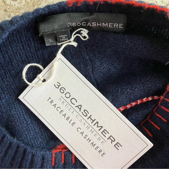 NWT 360 Cashmere RARE Navy and Red Skull & Stitch Color Block Sweater (Large) - Picture 3 of 6